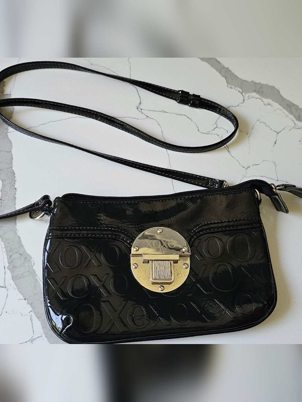 XOXO Black Patent Crossbody Bag with Silver Lock